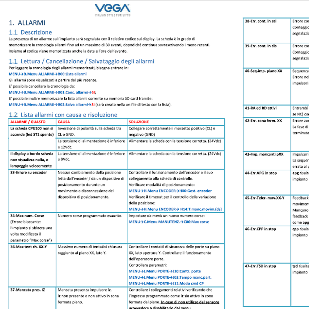 Manuale lista allarmi